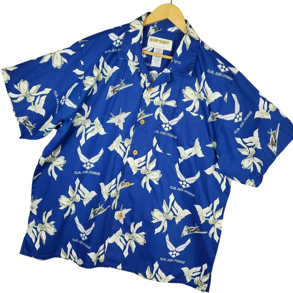 Vintage Eagle Crest Kamp Shirt Men's USAF Floral Hawaiian Button-Up Shirt Sz XXL